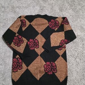 Womens Vintage Dana Scott Black and Brown Sweater with Red Floral Pattern